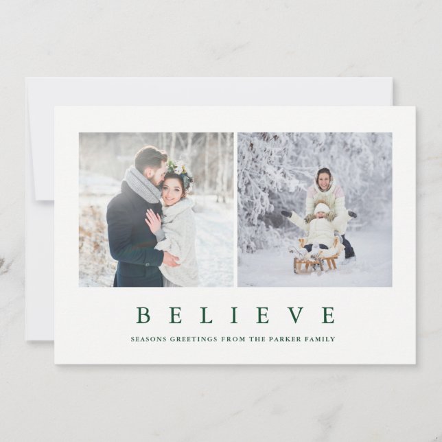 Believe | Modern Minimalist Two Photo Holiday Card (Front)