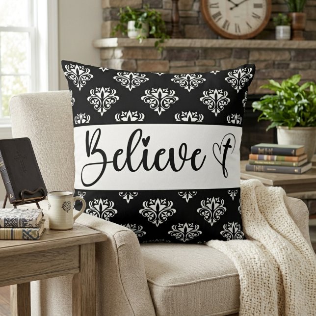 Believe Modern Script Black White Damask Christian Cushion (Believe Modern Script Black White Damask Christian Throw Pillow)
