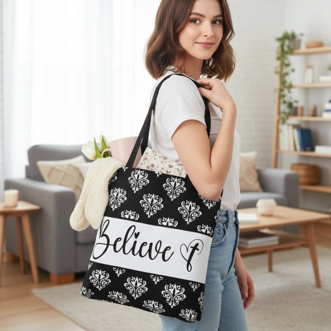 Believe Modern Script Black White Damask Christian Tote Bag (Believe Modern Script Black White Damask Christian Tote Bag)