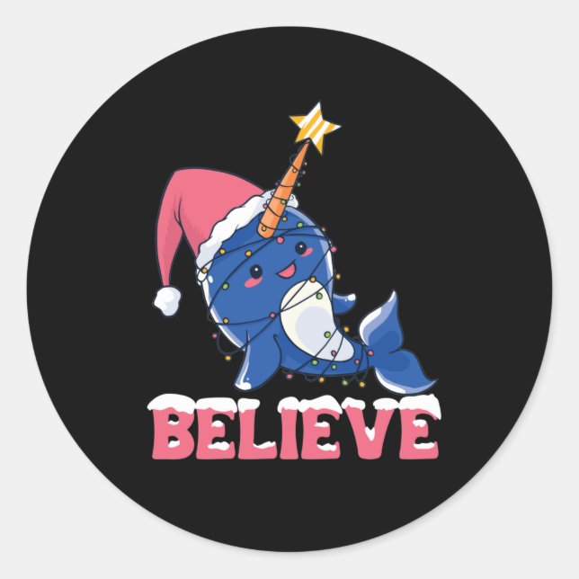 Believe Narwhal Christmas Snow Fairy Lights Classic Round Sticker (Front)