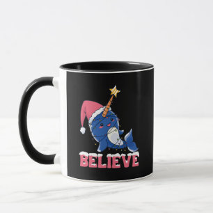 Believe Narwhal Christmas Snow Fairy Lights Mug