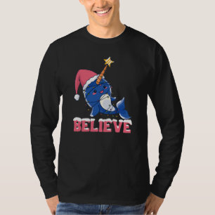 Believe Narwhal Christmas Snow Fairy Lights T-Shirt