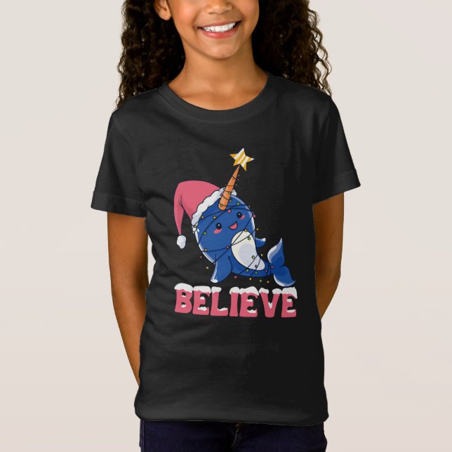Believe Narwhal Christmas Snow Fairy Lights T-Shirt (Front)