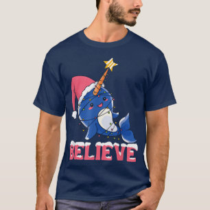 Believe Narwhal Christmas Snow with Fairy Lights  T-Shirt