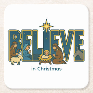 Believe nativity  square paper coaster
