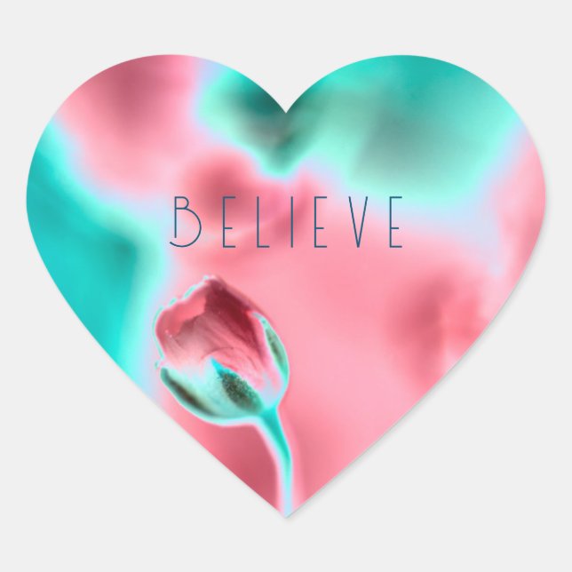 "Believe" Pink Flower Print Heart Sticker (Front)