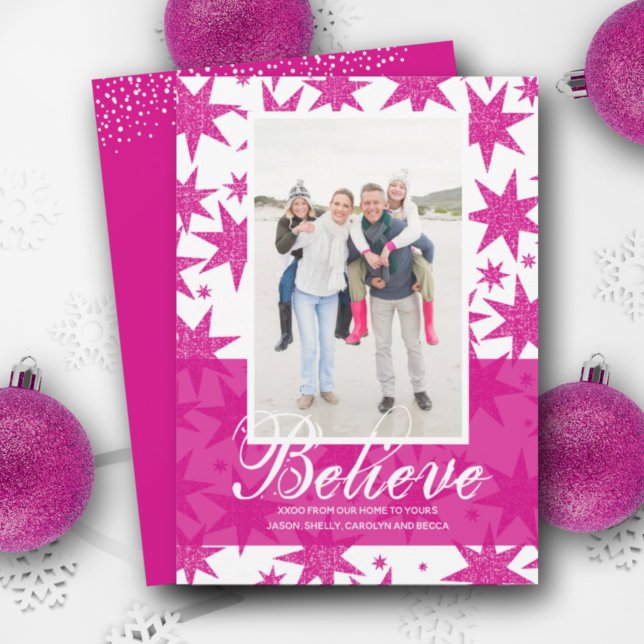 Believe Pink Glitter Stars Christmas Photo Holiday Card (Creator Uploaded)