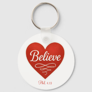 Believe red and white heart key ring