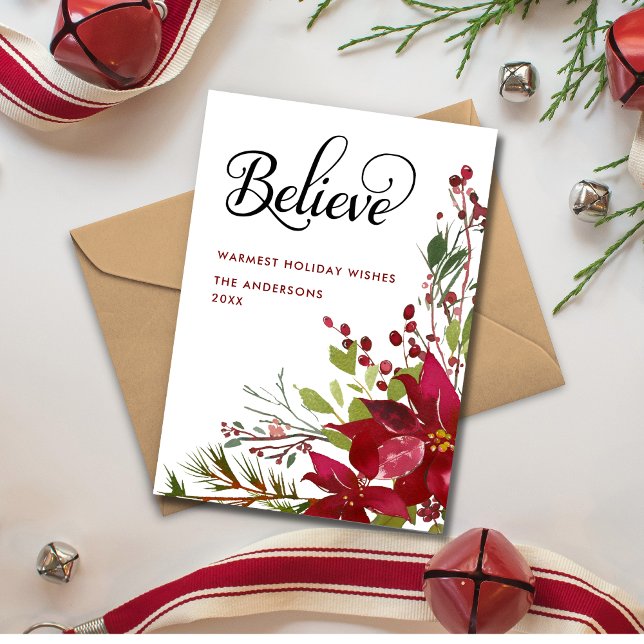 Believe Red Christmas Floral Holiday Card (Creator Uploaded)