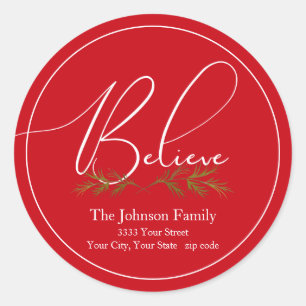 Believe Red Christmas Round Return Address Label