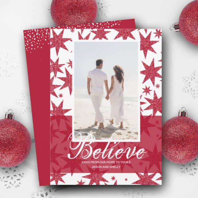 Believe Red Glitter Stars Christmas Photo Holiday Card (Creator Uploaded)