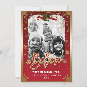 Believe Red & Gold Winter Snowflakes Holiday Photo Card