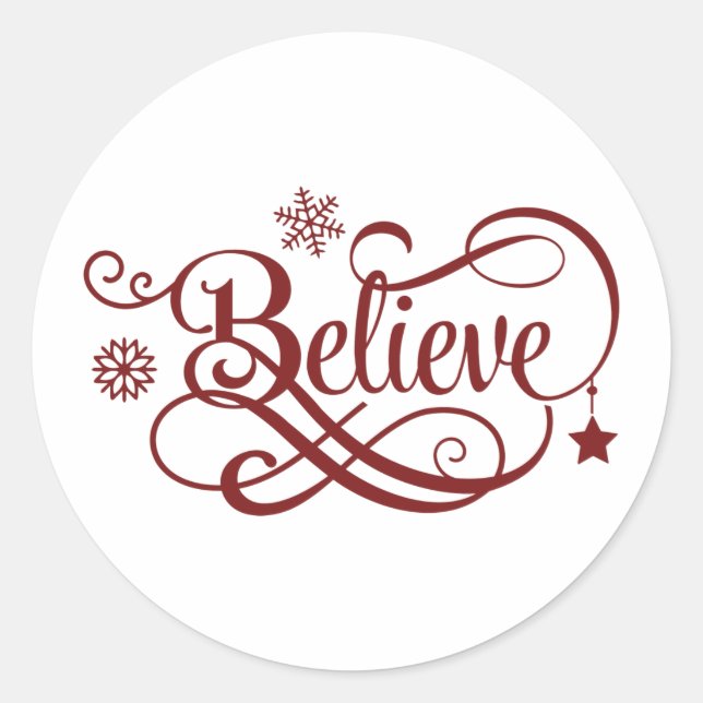 Believe Red Snowflakes Stars Christmas Holiday Classic Round Sticker (Front)