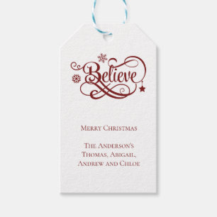 Believe Red Snowflakes Stars Christmas Holiday Gift Tags