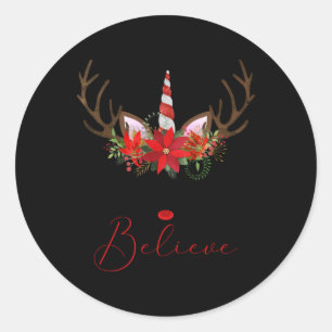 Believe Red White Insettia Reindeer Unicorn T Shir Classic Round Sticker