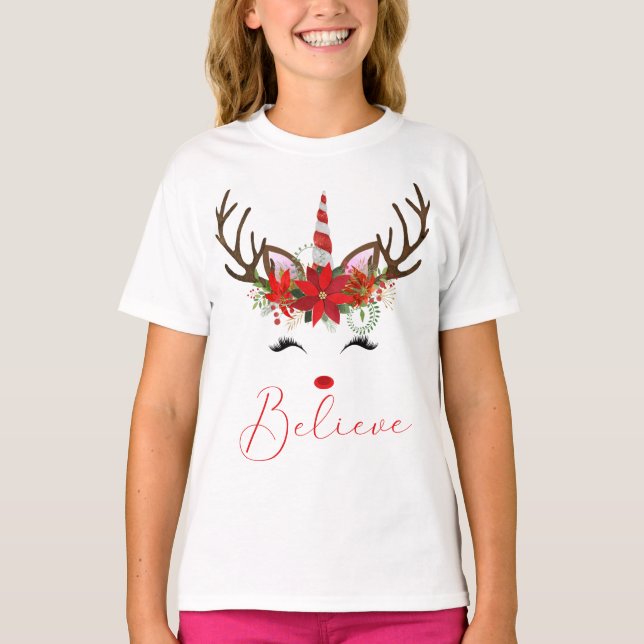 Believe Red & White Poinsettia Reindeer Unicorn T-Shirt (Front)