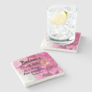 Believe Rose Square Marble Stone Coaster Scripture