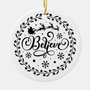 "Believe" Santa Claus Flying Sleigh Christmas  Ceramic Tree Decoration
