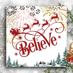 Believe Santa Claus Sleigh With Flying Reindeers Holiday Card