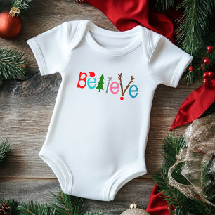 Believe Santa Hat Reindeer Antlers   Christmas Baby Bodysuit