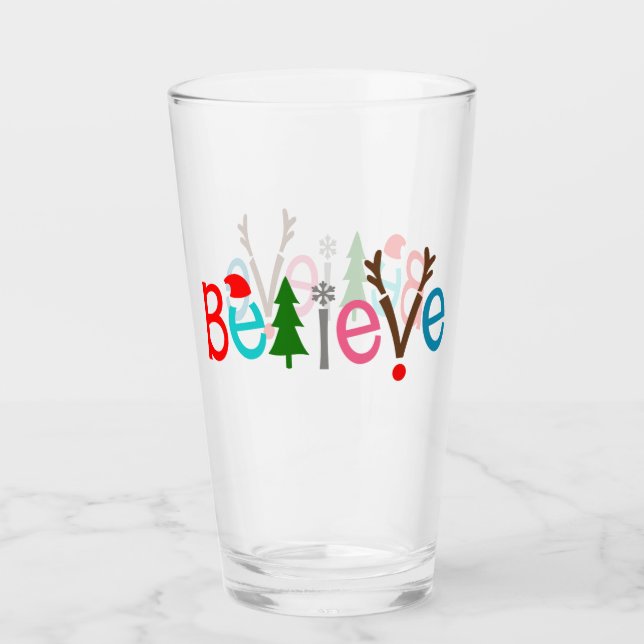 Believe Santa Hat Reindeer Antlers | Christmas Glass (Front)