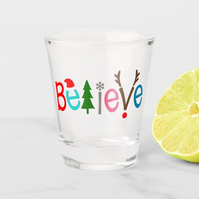 Believe Santa Hat Reindeer Antlers | Christmas Shot Glass (Front)