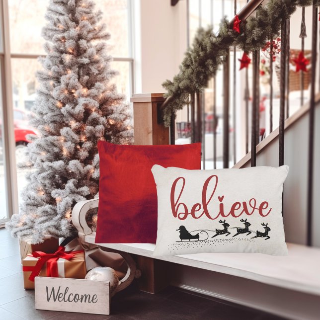 Believe Santa with Sleigh and Reindeer Decorative Cushion (Believe in Santa with this one-of-a-kind accent pillow for the Christmas holidays.)