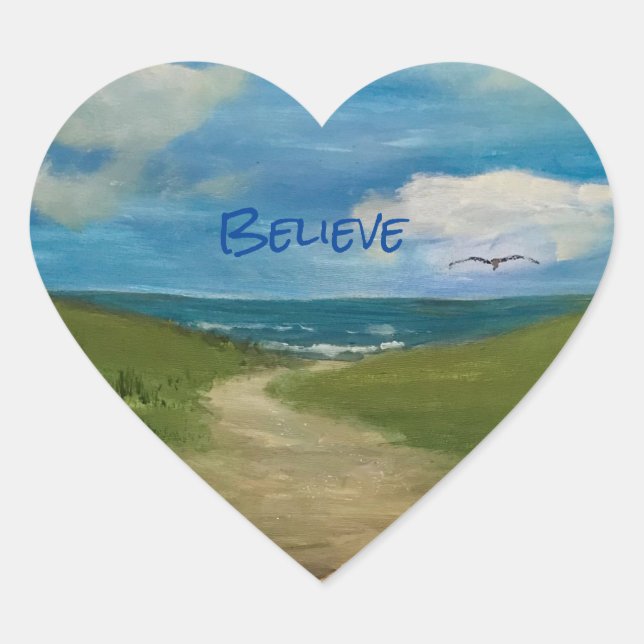 Believe:  Scenic Seaside Painting Heart Sticker (Front)
