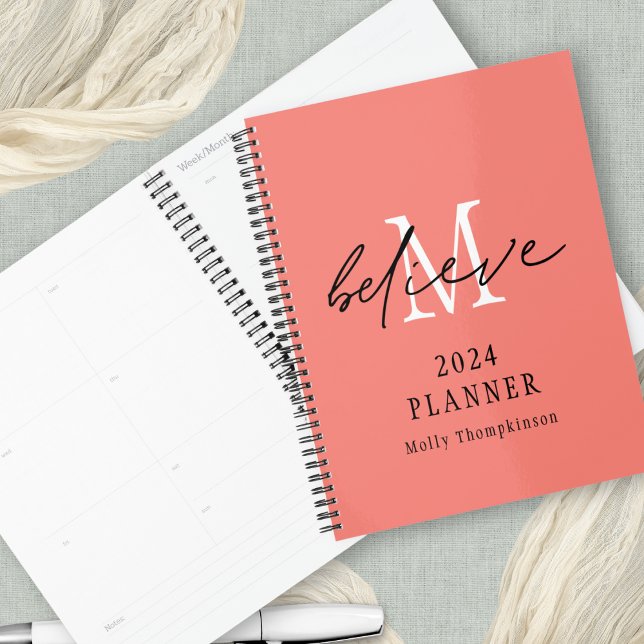 Believe Script 2024 Monogram Initial Name Coral Planner (Creator Uploaded)