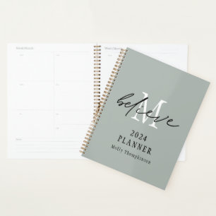 Believe Script 2024 Monogram Initial Name Sage Planner