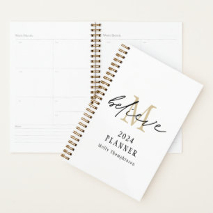 Believe Script 2024 Monogram Name Gold White Planner