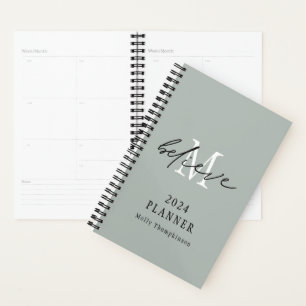 Believe Script 2024 Name Monogram Initial Sage  Planner