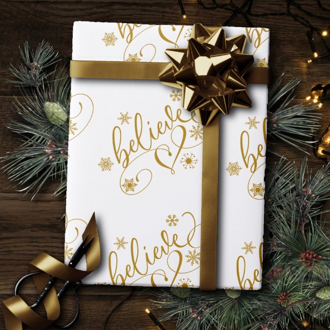Believe Script | Gold Holiday Snowflake Flourish Wrapping Paper (Creator Uploaded)