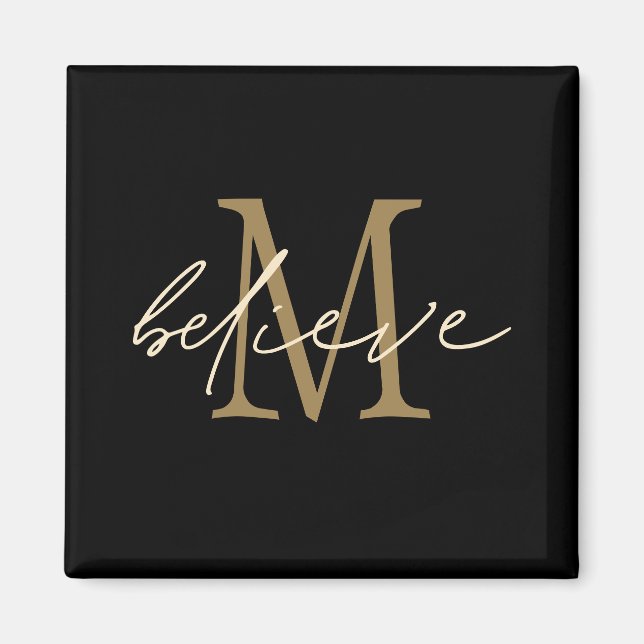 Believe Script Gold Monogram Initial Black Magnet (Front)