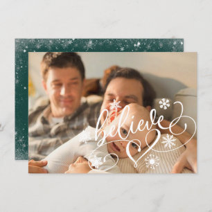 Believe Script Green Christmas Snowflake Photo Holiday Card