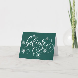 Believe Script Green Christmas Snowflake Swirls Holiday Card