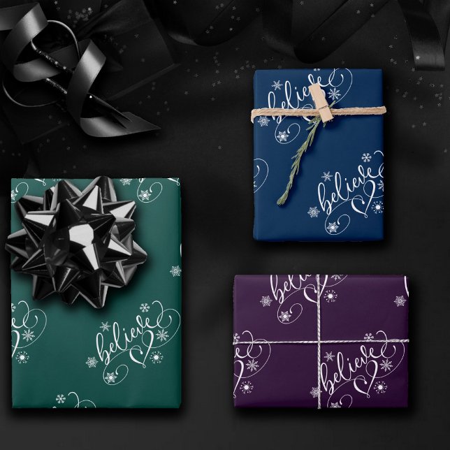 Believe Script | Moody Jewel Tone Holiday Flourish Wrapping Paper Sheet (Creator Uploaded)