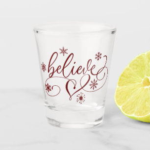 Believe Script Red Christmas Snowflake Flourish Shot Glass