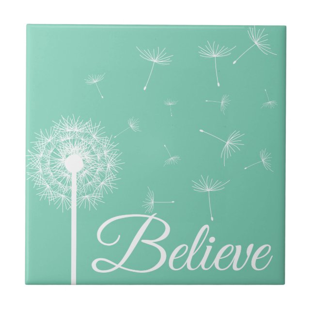 Believe Script White Dandelion Silhouette Tile (Front)