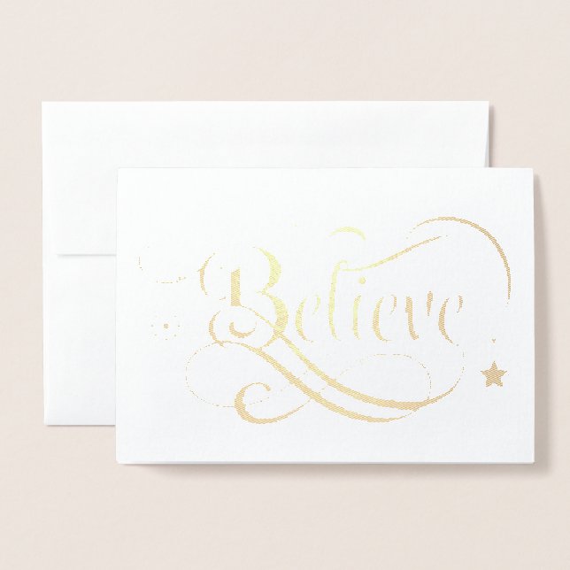 Believe Silver Gold Christmas Holiday Foil Card (Front With Envelope)