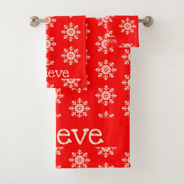 Believe Snowflake Pattern Red White Bath Towel Set (Insitu)