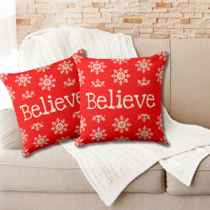 Believe Snowflakes Pattern Red and White Cushion