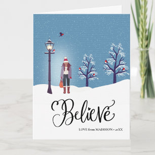 BELIEVE   Snowy Scenery With Winter Cardinal Bird Holiday Card
