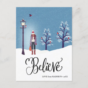 BELIEVE   Snowy Scenery With Winter Cardinal Bird Holiday Postcard