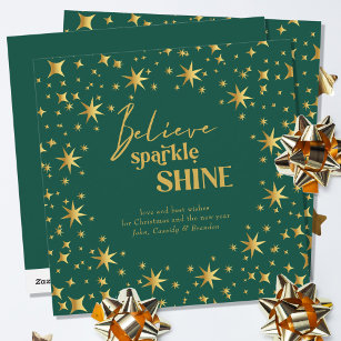 Believe Sparkle Shine Elegant Green and Gold Stars Holiday Card