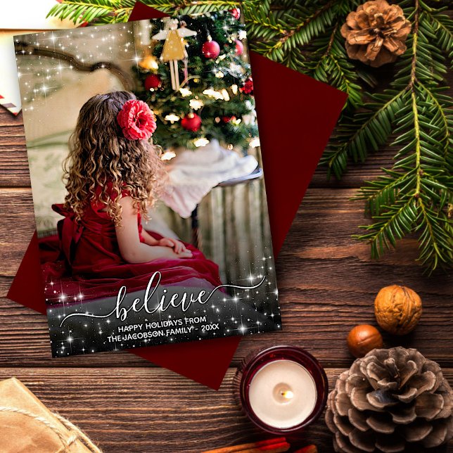 Believe - Sparkle Stars Photo Red Christmas Holiday Card (In Situ Front/Back)
