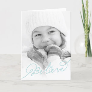 Believe Star Aqua Blue Calligraphy Christmas Photo Holiday Card
