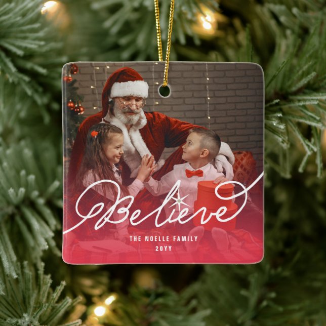 Believe Star Calligraphy Religious Christmas Photo Ceramic Ornament (Tree)