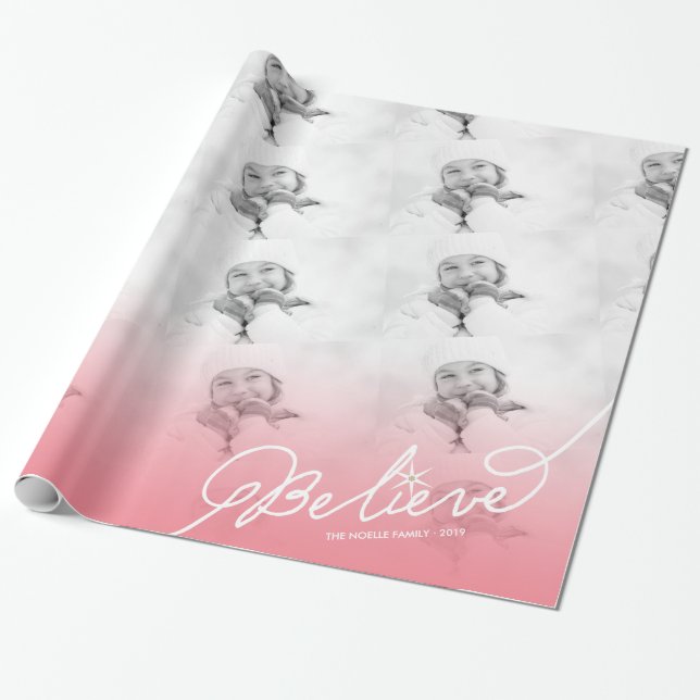 Believe Star Pink Ombre Christmas Photo Holiday Wrapping Paper (Unrolled)