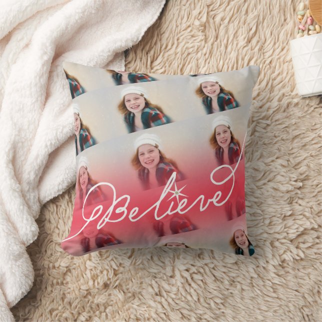 Believe Star Red Ombre Christmas Photo Collage Cushion (Blanket)